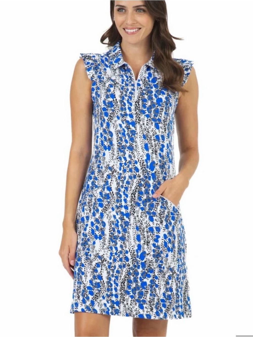 IBKUL UPF 50+ KAMILA BLUE BLACK Ruffle Sleeveless Mock Golf Tennis Dress‎